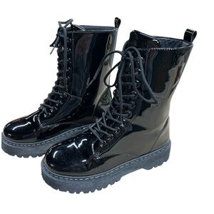 Unilady Round Toe Lace Up Patent Leather Combat Boots Size 8.5 NWOT
